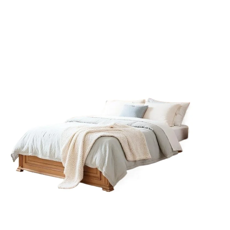 Simple solid wood bed with carved pattern and comfortable headboard - bedroom set