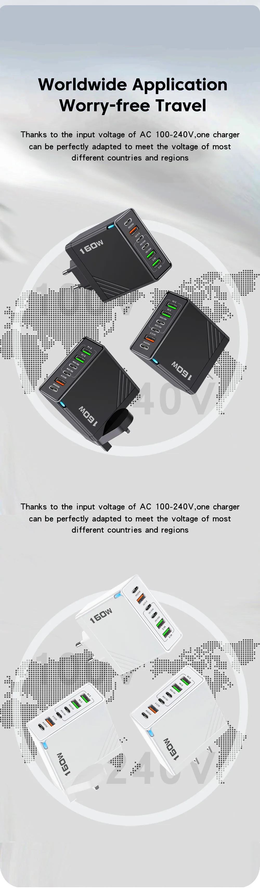 Black 160W 6 Port Fast Wall Charger UK Plug 3PD 3USB QC3.0 Multi Port Travel Charge For iphone samsung Tablet Laptop Smartphones