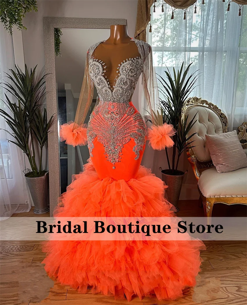 Sparkly Diamonds Mermaid Prom Dress 2024 Glitter Bead Crystal Rhinestones Ruffle Wedding Birthday Party Gown Long Sleeves