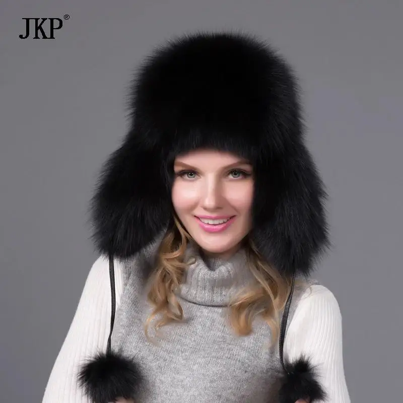 Lady Real Russia Hot Winter Fashion Item Natural Raccoon Fox Fur Leather Hat With Winter ears Women's Thick And Warm Winter Hat