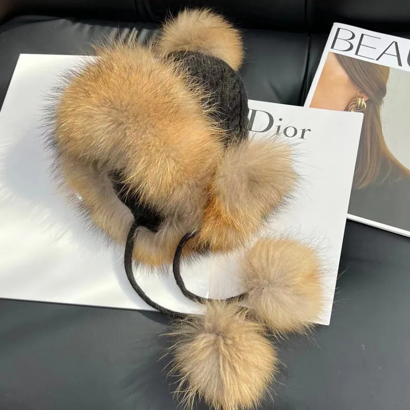 

Шапка из натурального лисьего меха для женщин, модная шапка Lei Feng с милыми меховыми шариками, теплая велосипедная шапка, утолщенная теплая вязаная шерстяная шапка, русская шапка