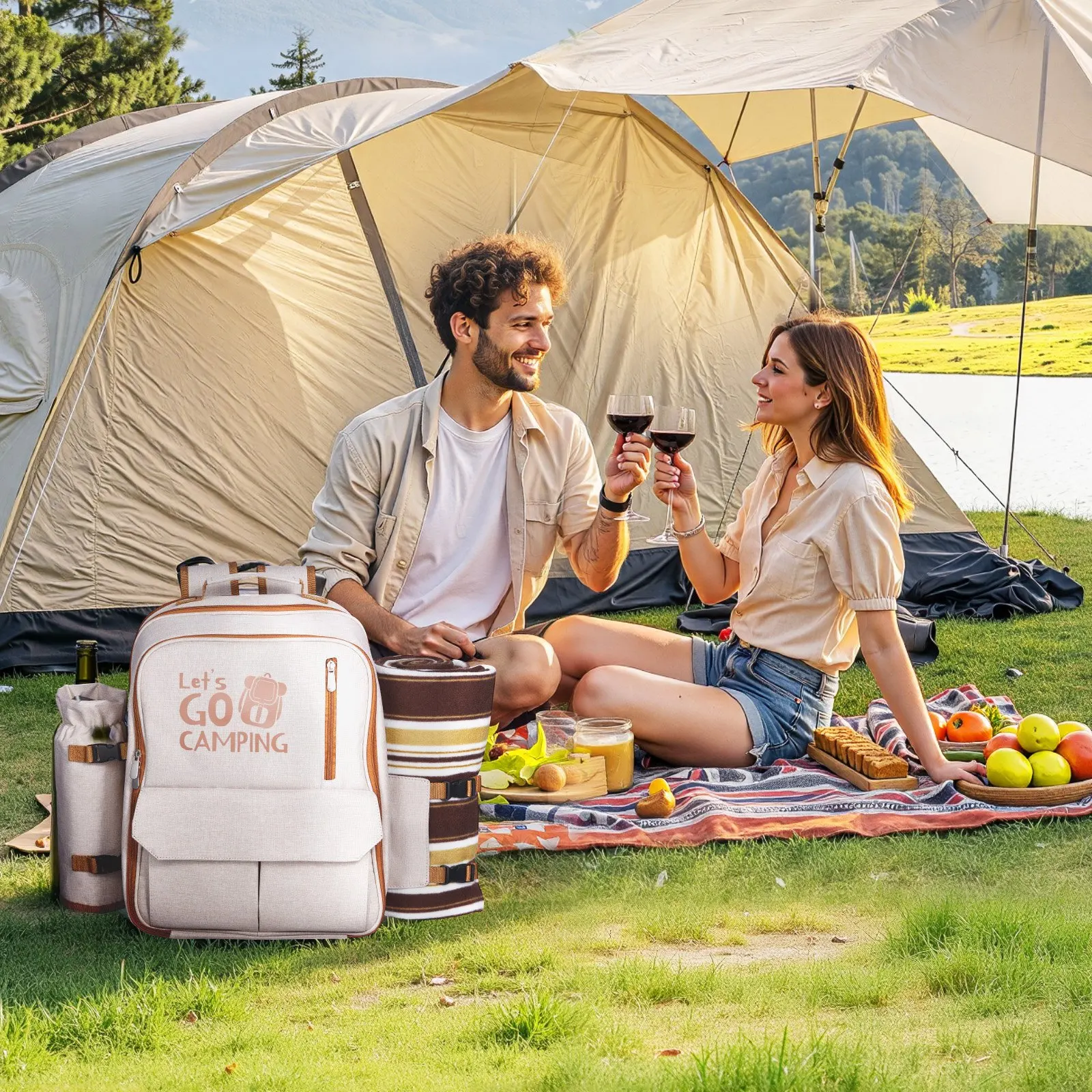 Mochila de Picnic, Mochila de Picnic para Playa para 4 Personas con Compartimento Refrigerador Aislado, Porta Botellas/Vino Desmontable, Lig
