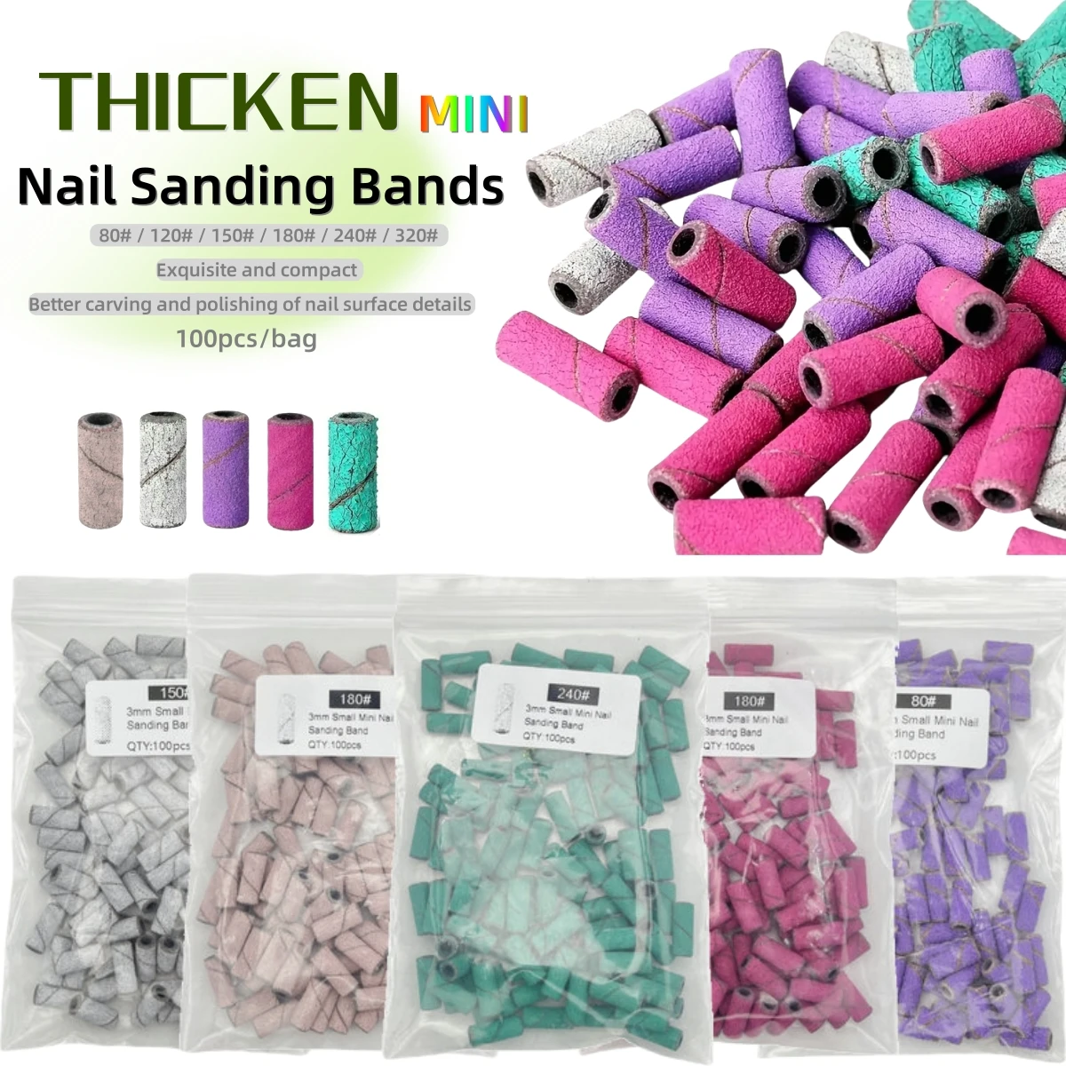 100 Teile/beutel 3mm Mini Nagel Schleifbänder Verdickte Hochwertige Bunte Nagel Schleif Ringe für Entfernen Nagellack, polieren Schnitt
