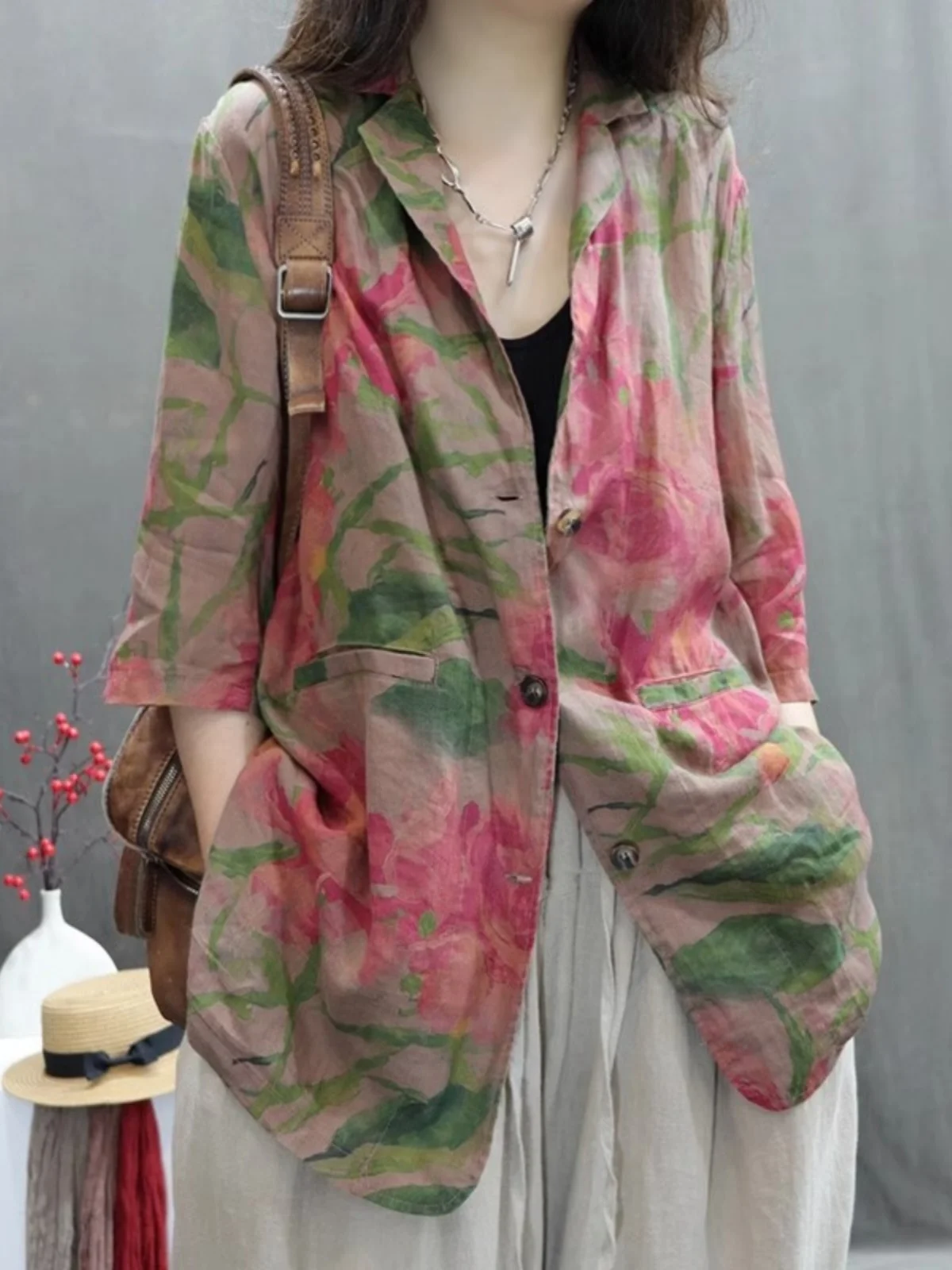 レトロプリントコットンリネンスーツジャケットレディースサマールーズカジュアルTシャツクォータースリーブリネンスモールウェスタンスタイルオープンカーディガン...