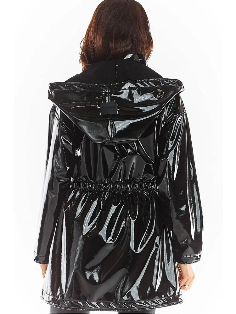 Women Shiny Patent Leather Parka Hood Overcoat With Pocket Faux Latex Long Sleeve Jacket Button Ladies PVC Raincoat New Custom