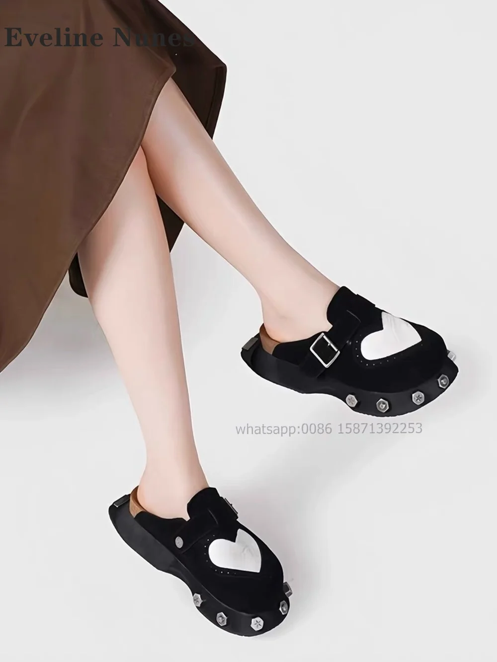 Metal Decoration Patchwork Platform Slip On Mules Heart-Shaped Rivet Shallow Slides Horsehair Bicolor Casual Women Slippers 2024