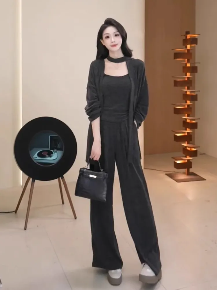 

Fashionable Women's Three-Piece Set Spring 2025 Slimming Wide Leg Pants V-Neck Long Sleeve Long Pants Other 100% Material