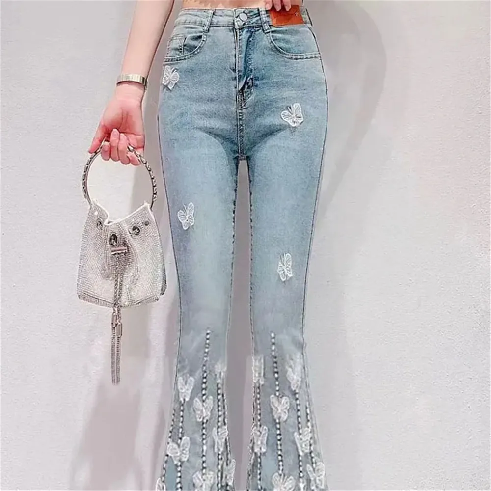 Design Sense Heavy Industry Diamond Set Split Ragged Edge Jeans Women'S Summ Loose High Waist 3d Butterfly Slimpant Y2k Clothing