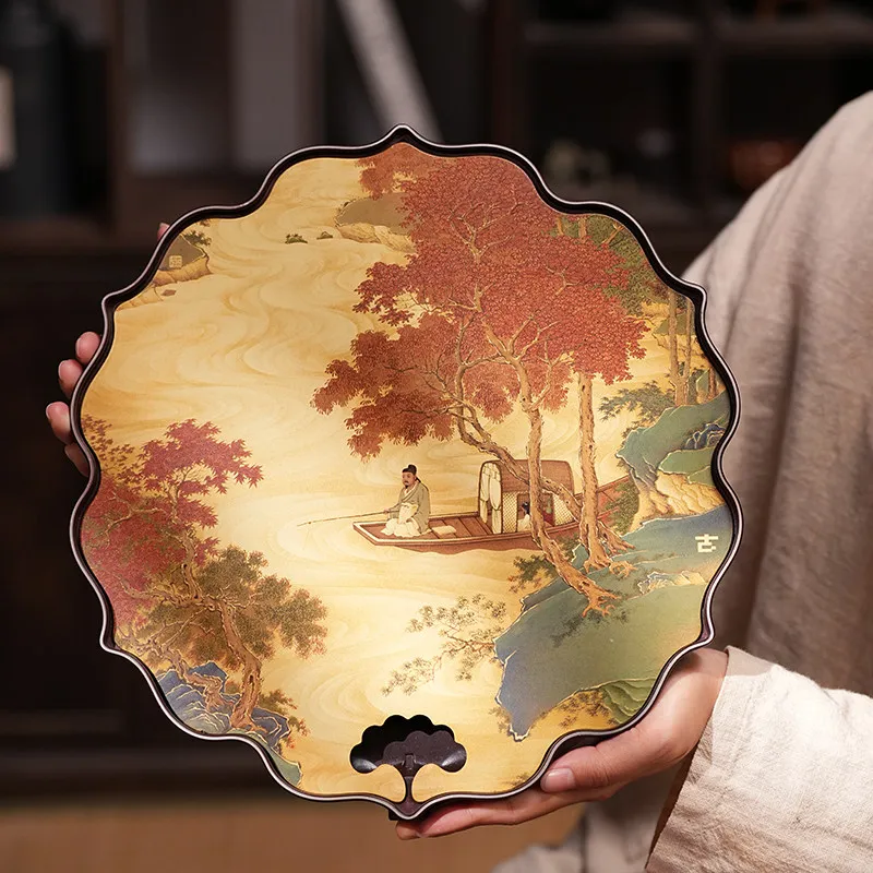 Xile Chang'an Chinese Tea Tray Vintage Lotus High End Kung Fu Tea Set Four Panel Landscape Zen Tea Tray Storage Box Organizer