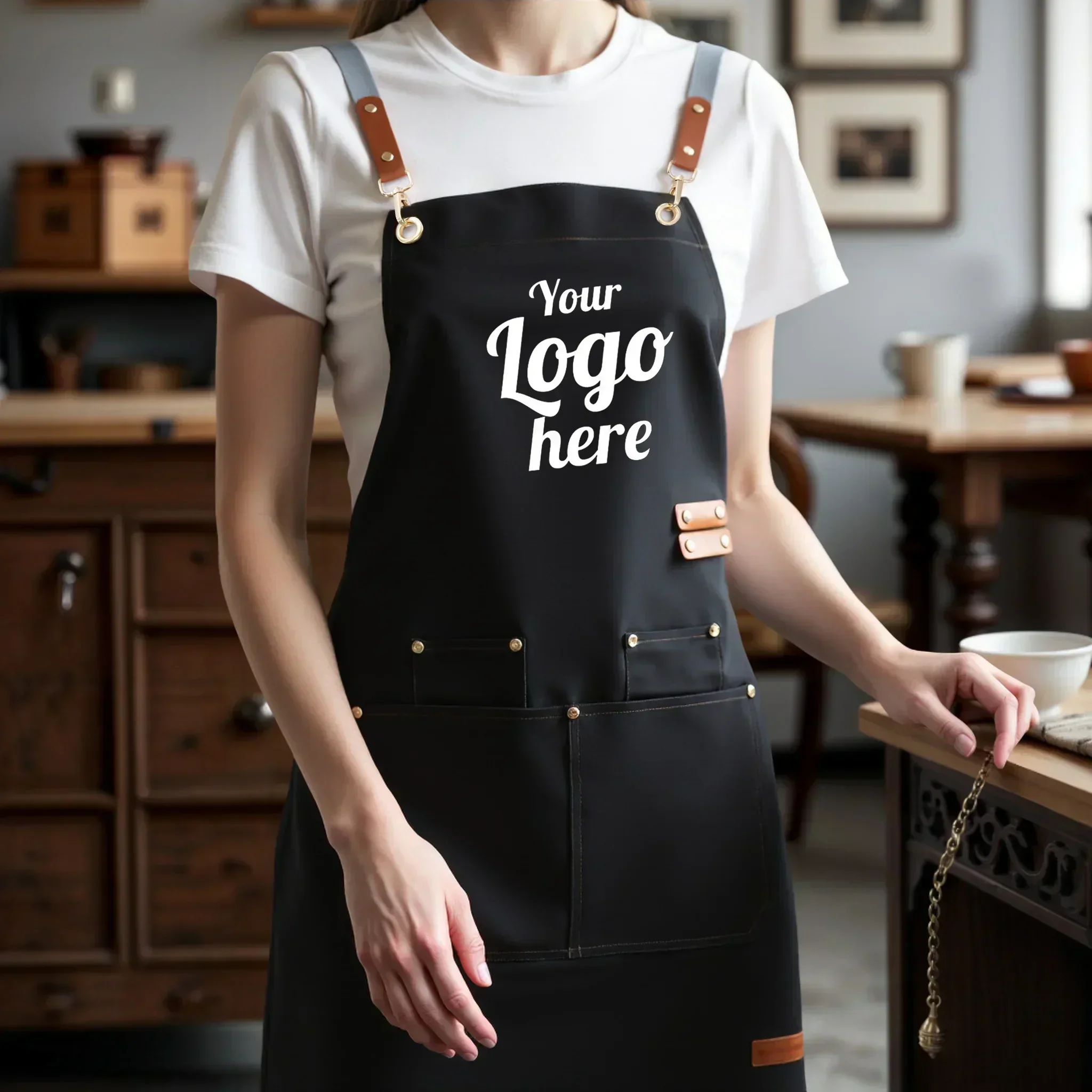Customizable Apron Waterproof Adjustable Apron for Restaurant Shop Nail Beauty Hairdressing Cafes Studios Waiter Work Uniform