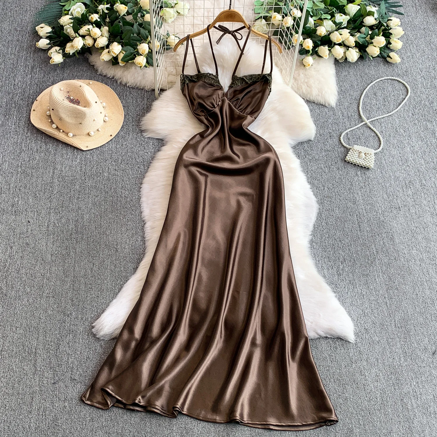 Chic vintage senza schienale in raso con scollo a V senza maniche Elegante fata coreana moda Party abbigliamento donna