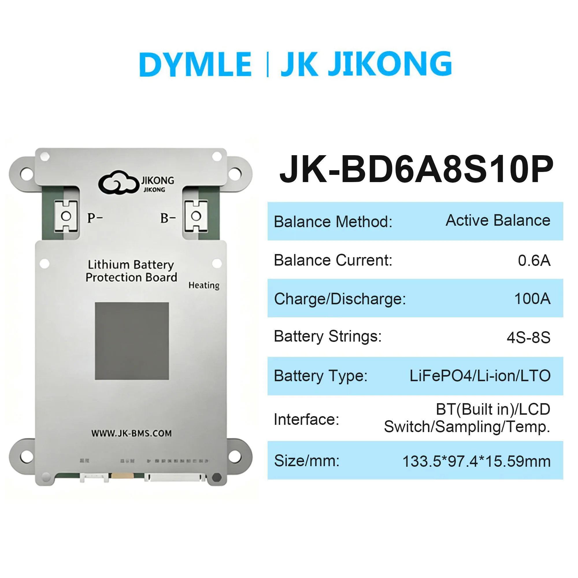 JK JIKONG Smart Active Balance BMS BD6A8S10P 0.6A 100A 4S 5S 6S 7S 8S 12v 24v  Li-ion Lifepo4 LTO Charge Discharge Battery BMS