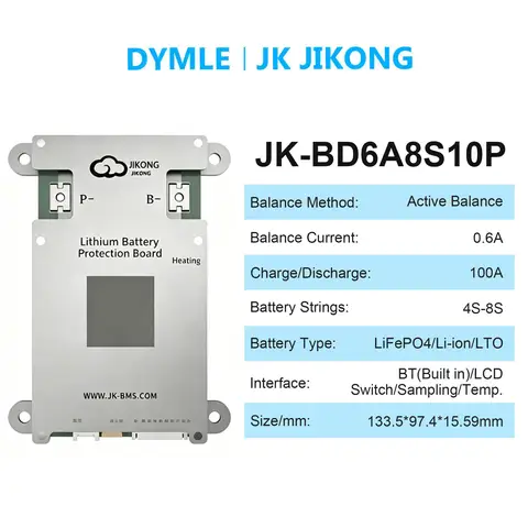 JK JIKONG Smart Active Balance BMS BD6A8S10P 0.6A 100A 4S 5S 6S 7S 8S 12v 24v  Li-ion Lifepo4 LTO Charge Discharge Battery BMS