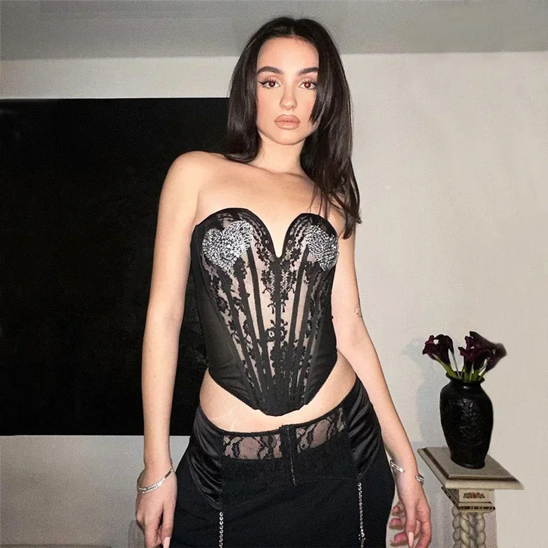 

Black Mesh Corset Top With Rhinestones Sexy Strapless Crop Top Women Summer Hot Night Club Tops Camisole