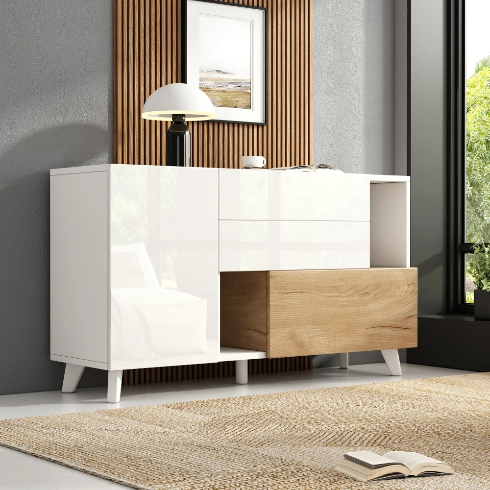 Aparador de color madera original blanco de alto brillo con almacenamiento, aparador de comedor con almacenamiento, mueble moderno para sala de estar