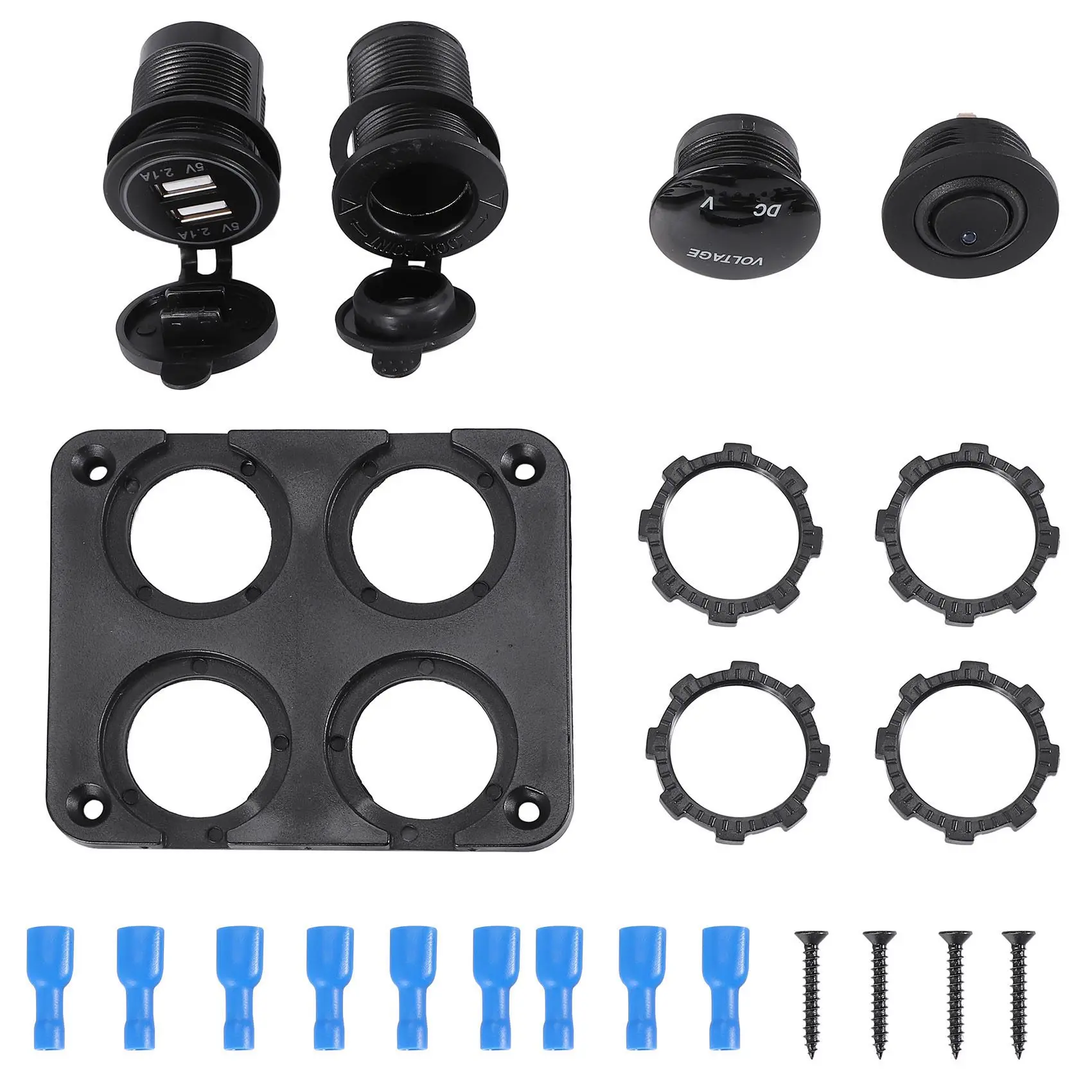 AEF7-4 Function Panel Dual USB Charger Green LED Volt 12V Power Outlet ON-OFF Switch