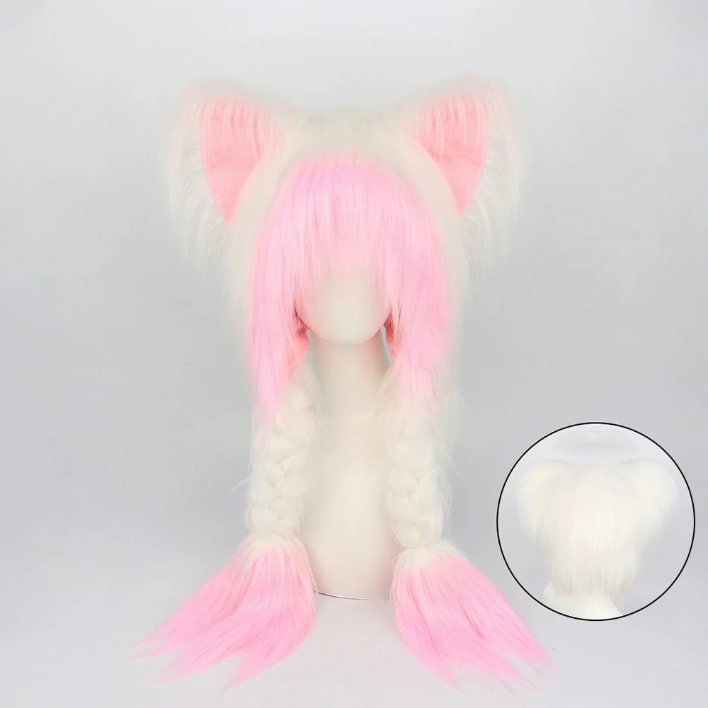 Y2K Cat Ears Hat Kawaii Long Plush Fox Ear Double Braid Fashion Versatile Anime Fall and Winter Cap Halloween Dress Up Headwears