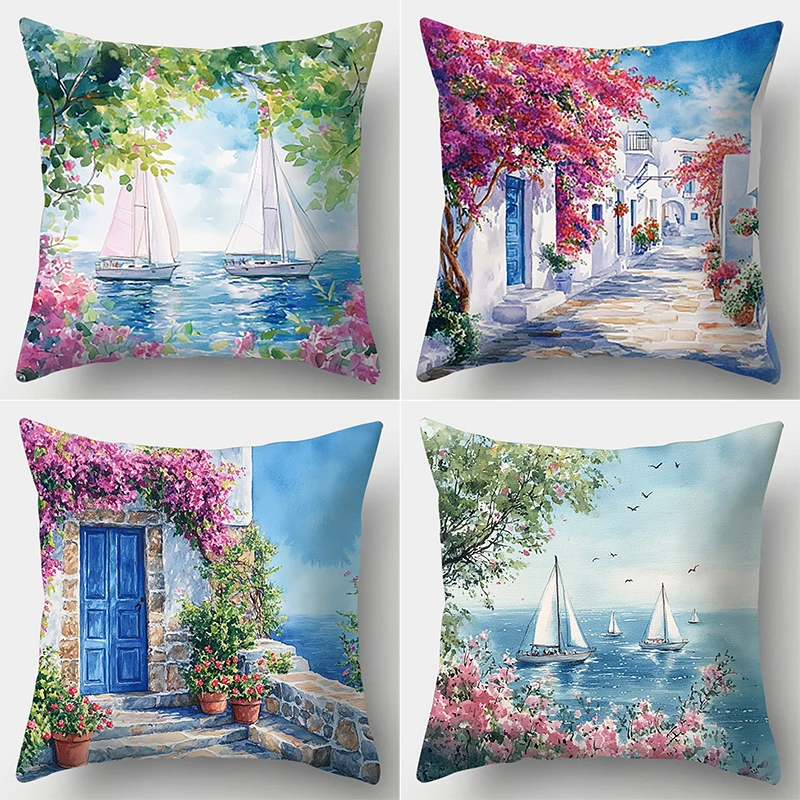 1PC 2D Flat  Watercolor Mediterranean Coastal Throw Pillow Covers Aegean Sailboat Floral Outdoor Cushion Cases