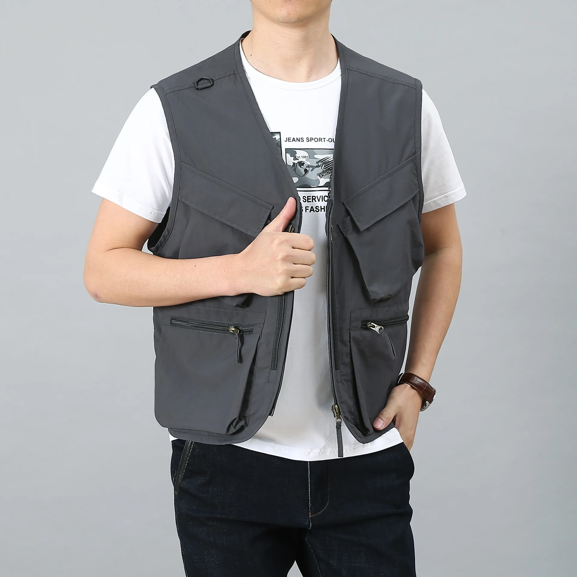 

Жилет мужской с V-образным вырезом, быстросохнущая майка для активного отдыха и рыбалки, несколько сумок, без рукавов, для фотосъемки, для мужчин среднего и старшего возраста, весна-лето