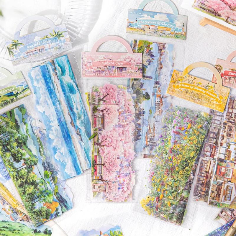 PET Sticker Bag Romantic Cherry Blossom City Street Scenery Long Strip Sticker Handmade Tent Landscape Collage DIY Decoration