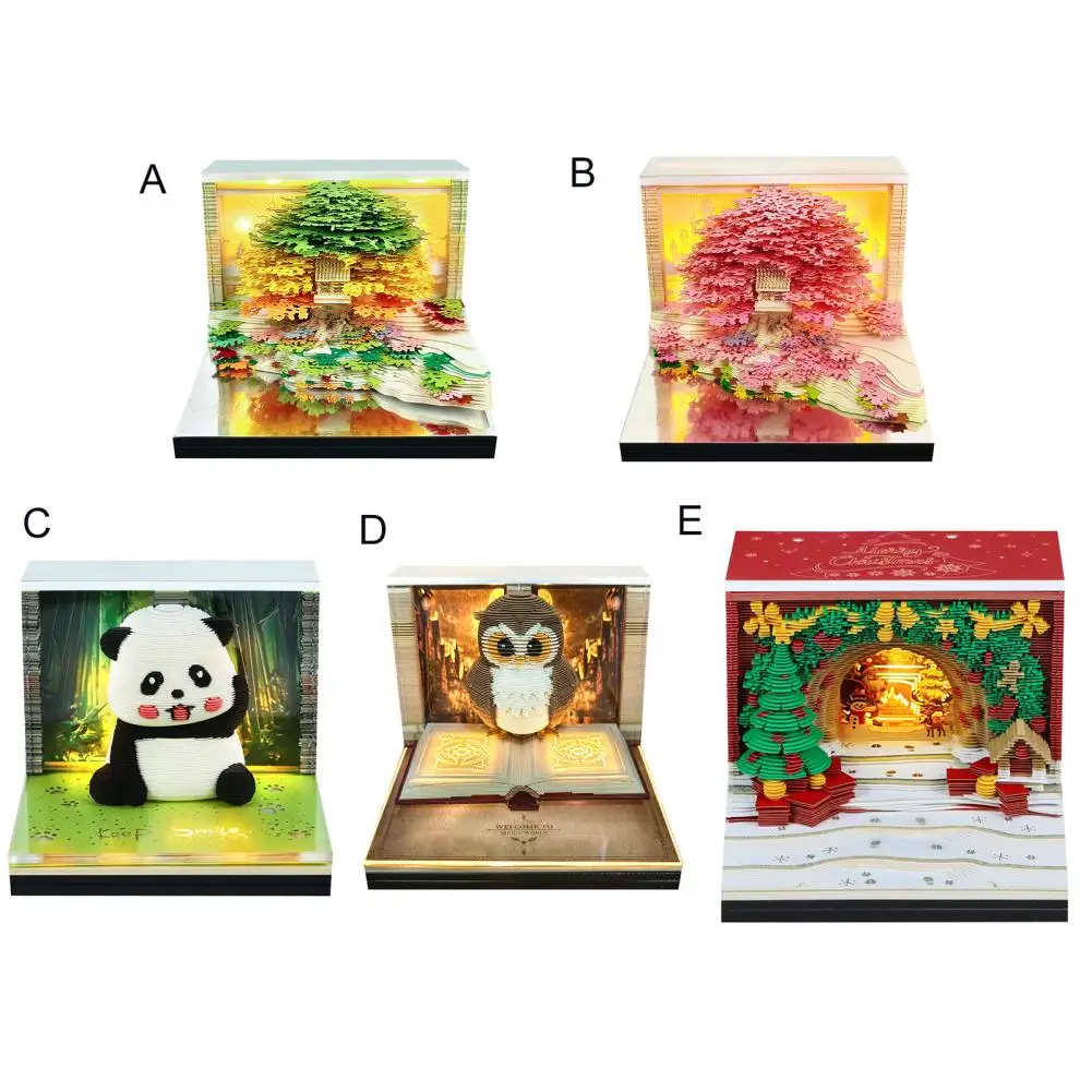 2026 Desk Calendar with LED Light Tear-off Decorative Panda Calendar Christmas Gift 3D Time Piece Calendar Carved Tree Memo Pad