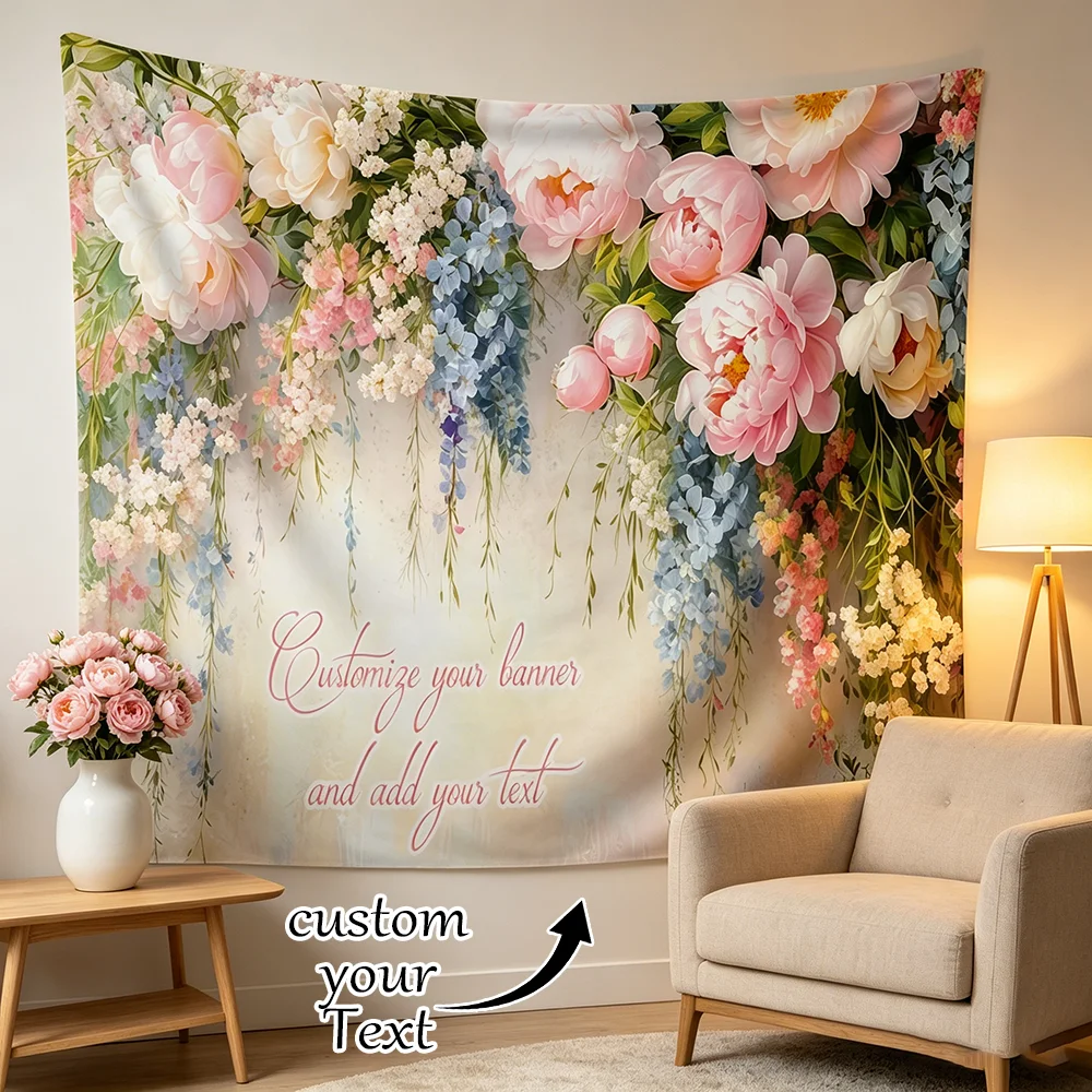 1PC Personalized Watercolor Peony Wisteria Floral Tapestry Custom Text Hanging Flower Wall Hanging Bedroom Aesthetic Decor