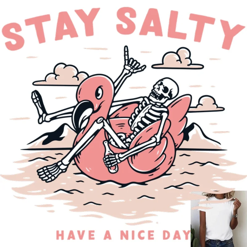 Fun Skeleton & Flamingo Vacation - Style Heat - Transfer White Ink Iron - on Patch, Suitable for T - Shirts/Canvas