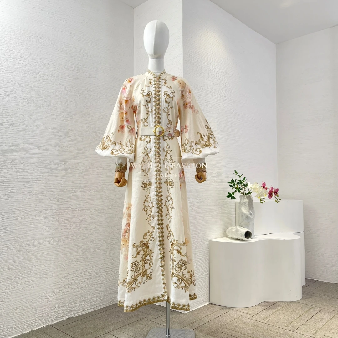 

High Quality Beige Cream Peony Flowers Print Long Sleeve Midi Dress 2025 New Fashion Linen