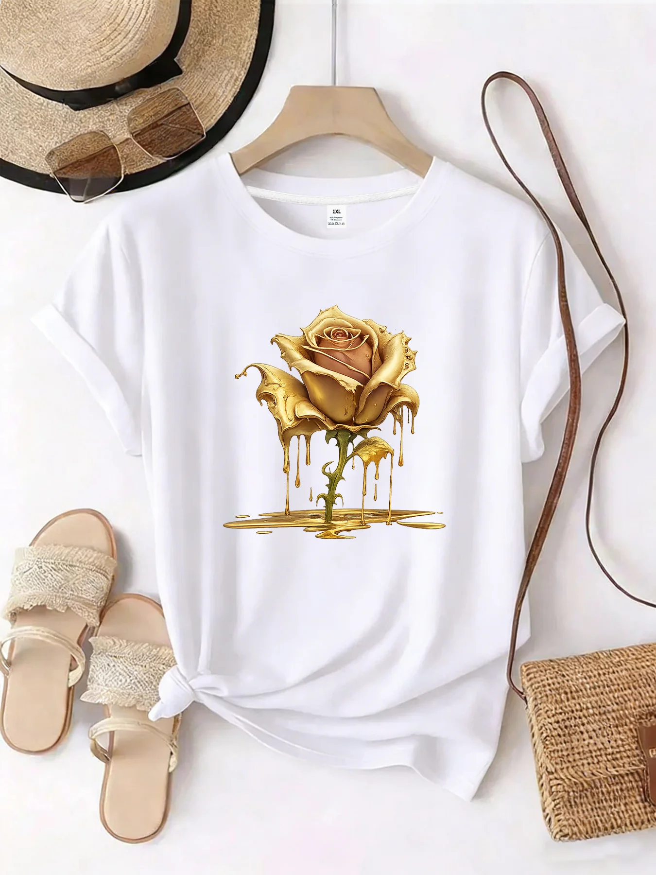 

【WZM101461】Rose print plus size women's round neck summer casual short sleeved street fashion versatile plus size T-shirt