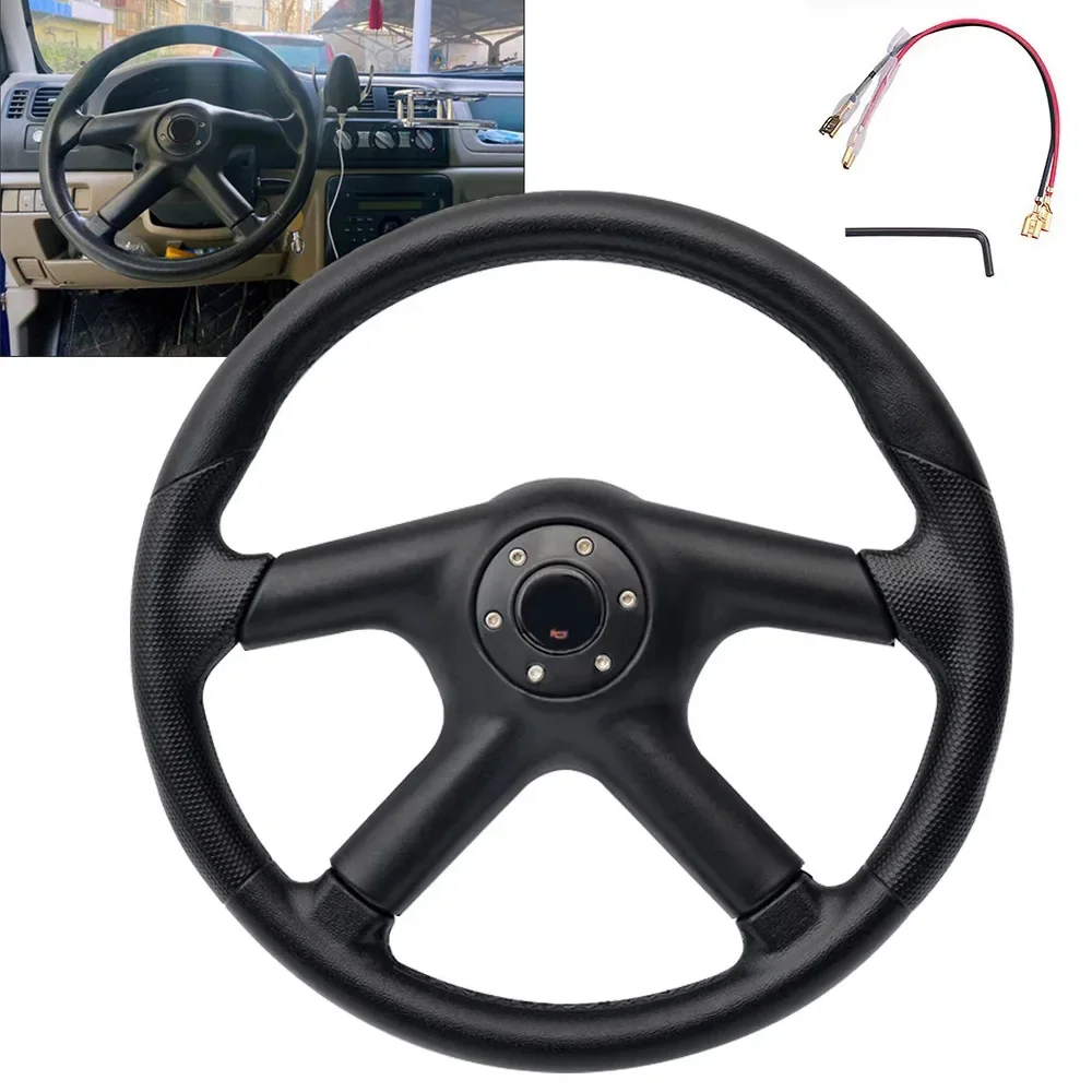 Car Steering Wheel 14inch/350mm Universal Flat PU Racing Drifting Sports Steering Wheel w/ Logo Car Accessories