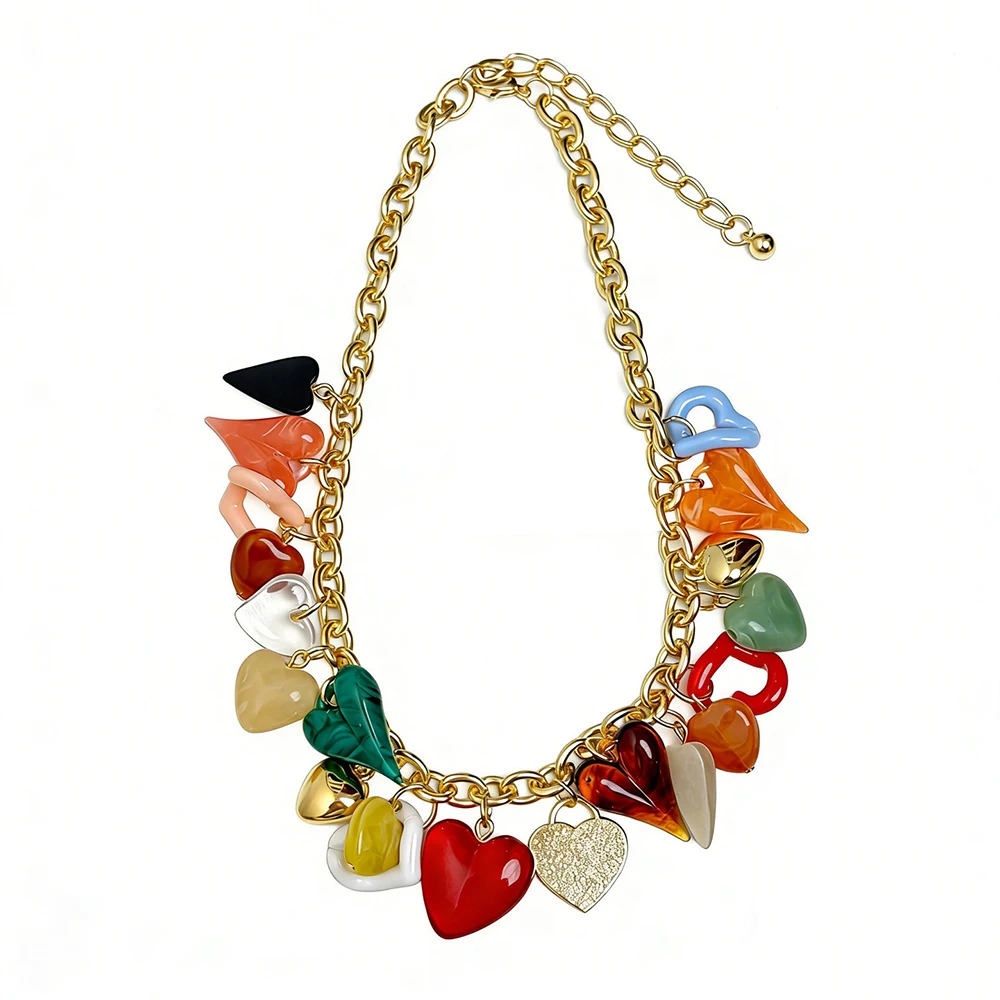 Fashion Vacation-Style Colorful Resin Heart-Shaped Pendant Necklace Women Individual Necklace Trendy Jewelry Accessory - view 5