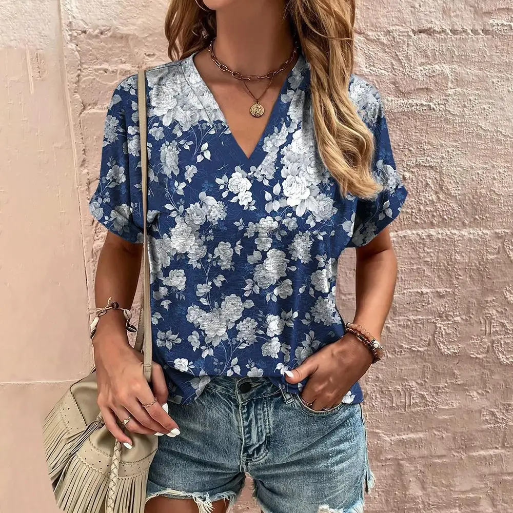 Crushed Flower V Neck Short Sleeve Tshirt Women\'s Fashions Loose Plus Size Clothing Casual T Shirts Streetwear Casual Woman Tops