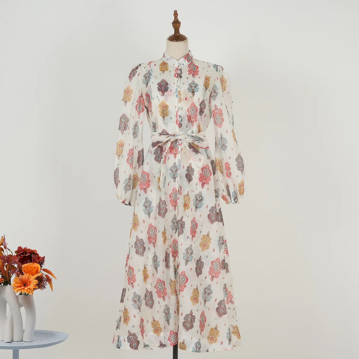

Summer Women's Dress Stand Neck Long Sleeve Breathable Printed Lace-Up