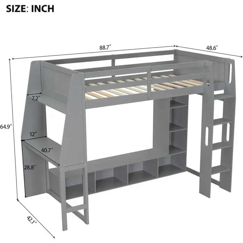 Twin Size Gaming Loft Bed with Desk, Storage Shelves, LED Lights, and Clothes Rack for Teens' Rooms (Gray)