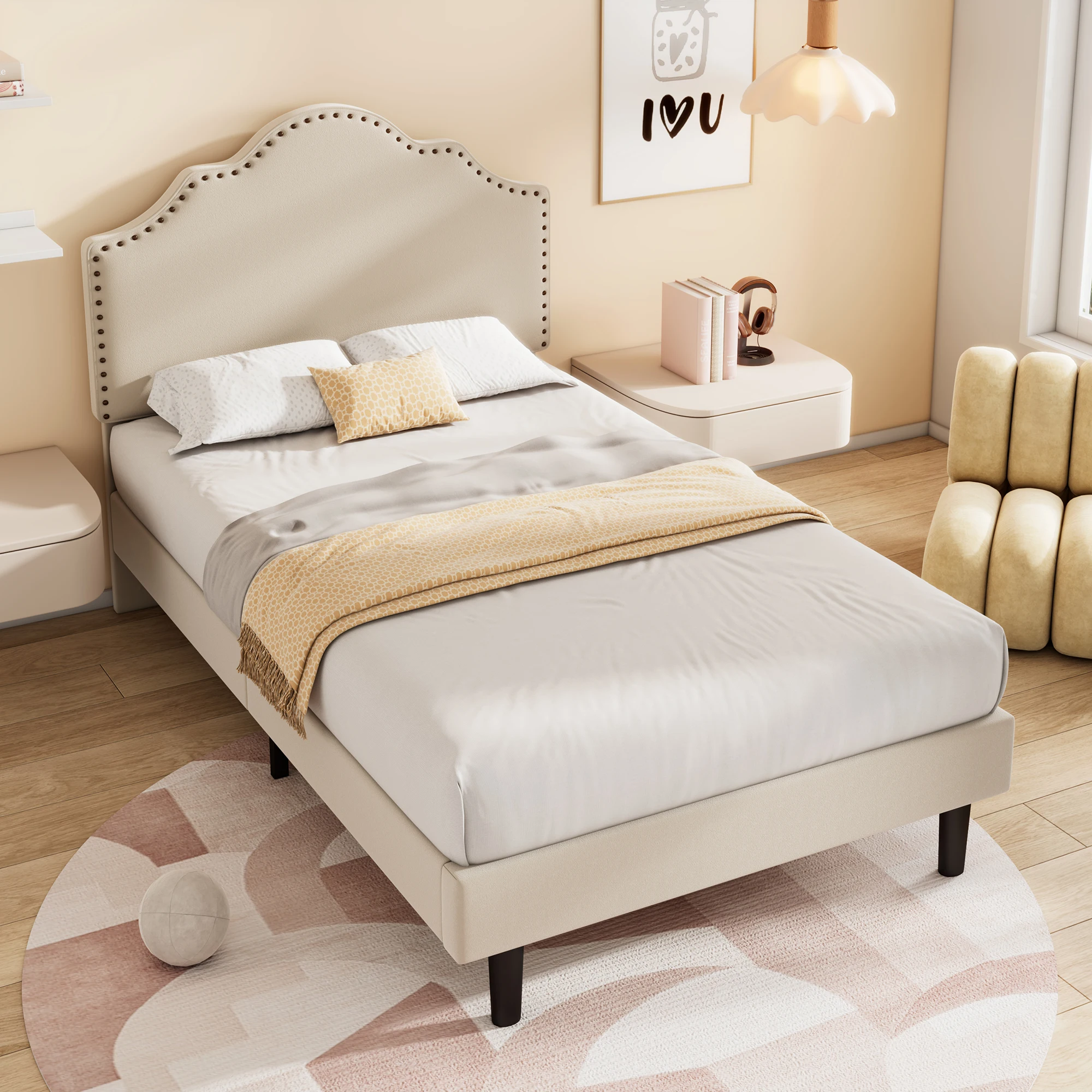 Flat Bed, Frame Bed, Elegant Curved Single Bed with Studded Design – High-Quality Plywood Frame, Complete Accessory Set