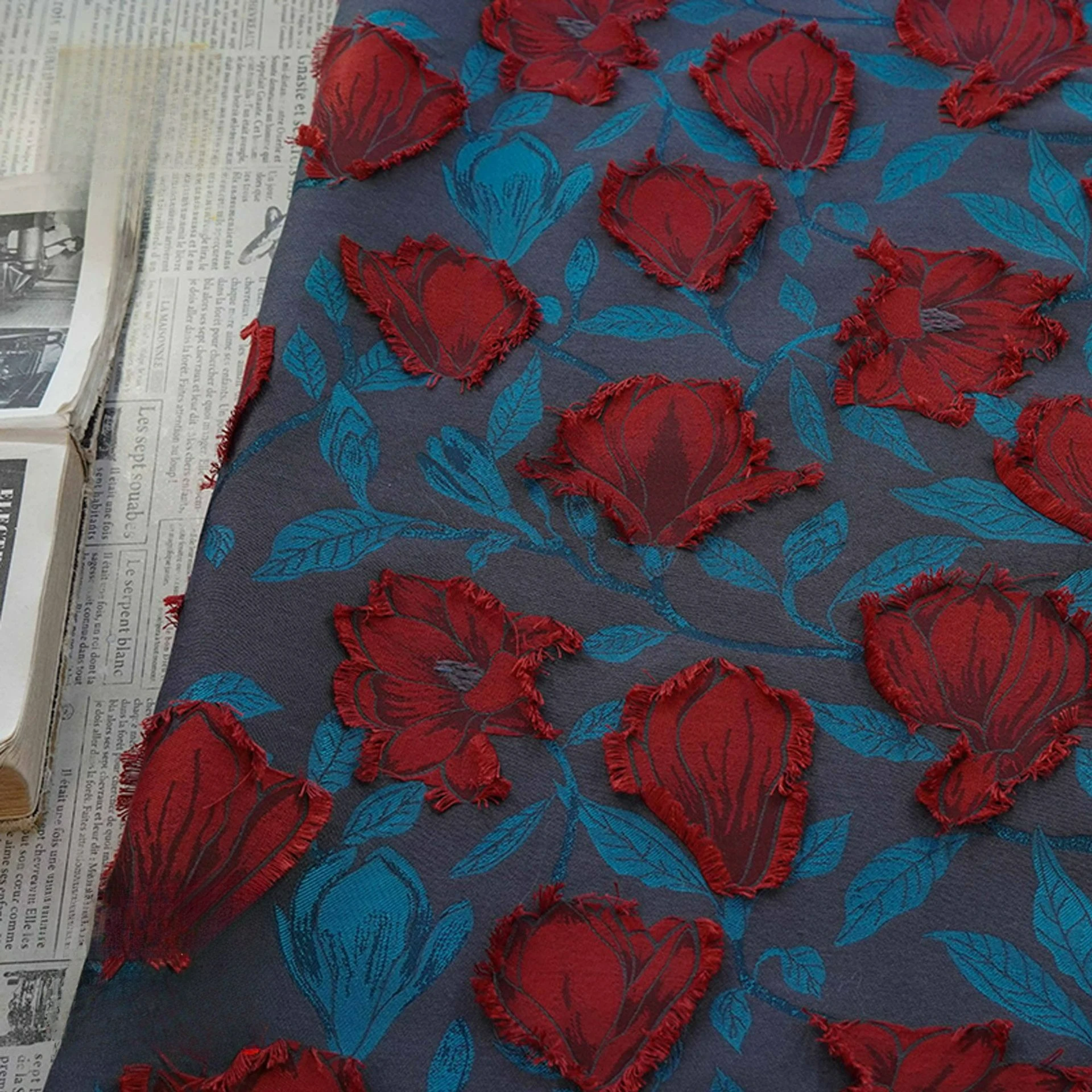 Blue Base Red Floral Jacquard Woven Fabric for Dress Vest Suit Decorative Handmade Sewing Fabric
