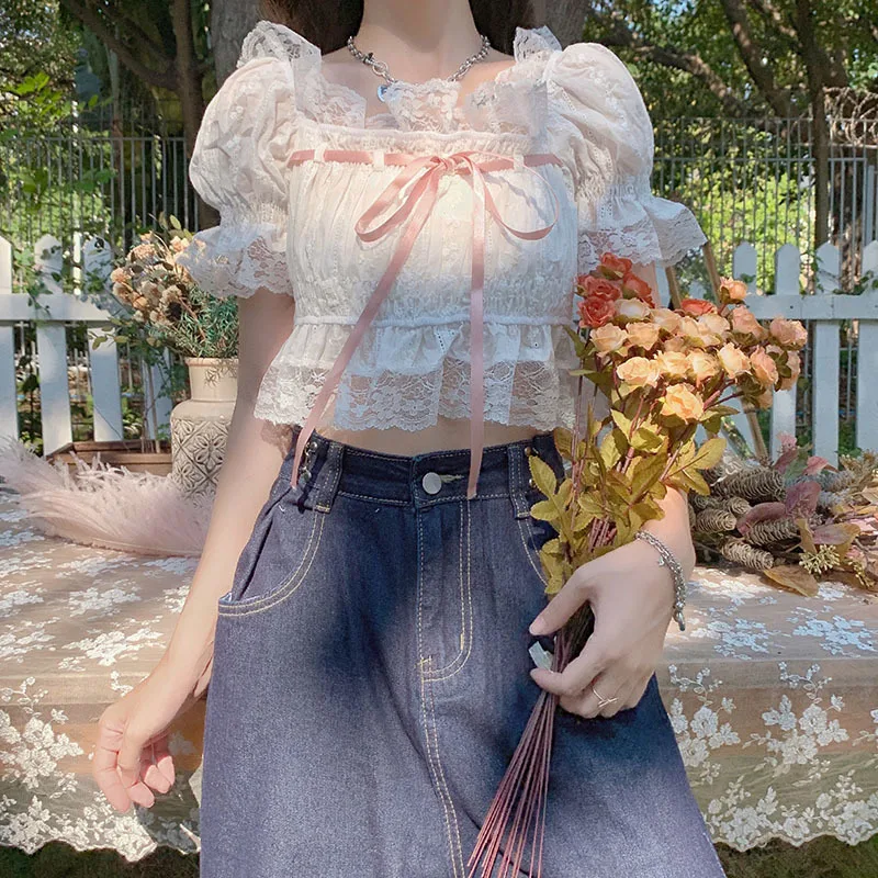 Summer Japanese Lolita Kawaii Blouse Women Lace Pink France Sweet Cute Blouse Female Puff Sleeve Korean Style Crop Tops 2023 New