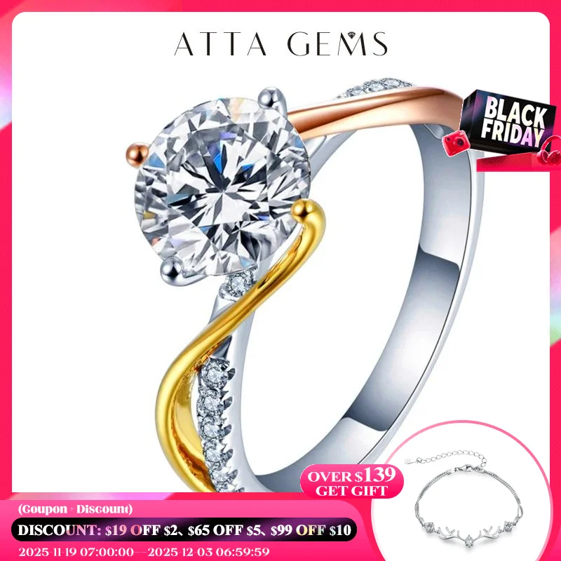 

ATTAGEMS 7.5mm 1.5ct D Color Round 18K White Gold Plated 925 Silver Moissanite Ring Diamond Test Passed Jewelry Gift for Women