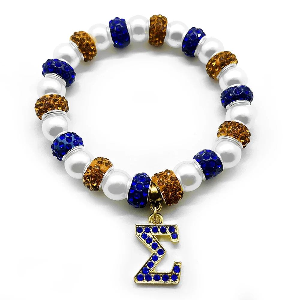 Handmade Greek Sorority Society SIGMA GAMMA RHO Letter Pendant Rhinestone Bead Pearl Braceletjewelry