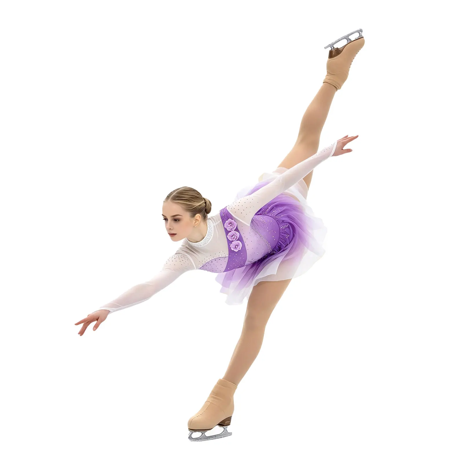 Women Figure Skating Dress Gymnastics Leotard Sheer Mesh Long Sleeves 3D Flowers Rhinestone Gradient Color Ballet Dancewear