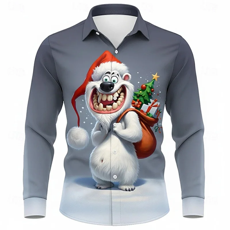 Funny Old Man Graphic Men's Shirts Christmas Theme Long Sleeve Turn-Down Collar Tops Fashion Outdoor Street Casual Loose Clothes