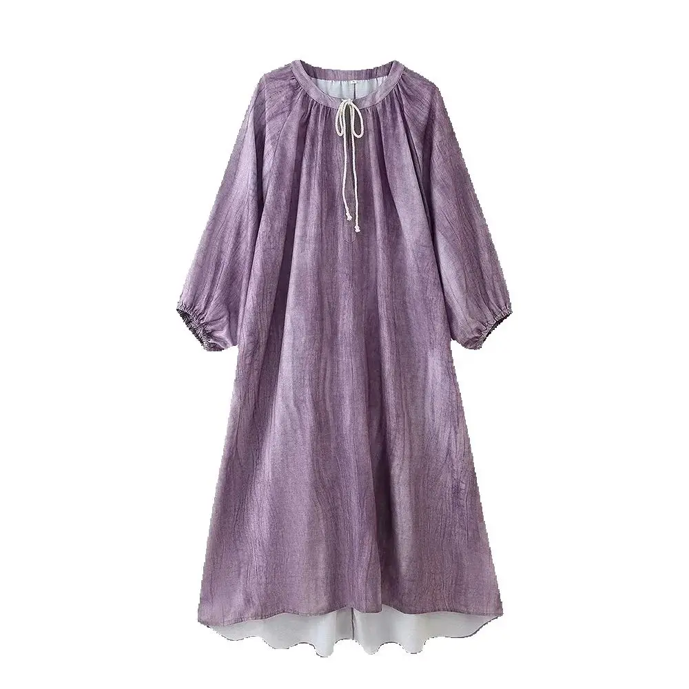 유럽과 미국 스타일의 여성 의류 새로운 패션 리넨 타이 염색 긴팔 루즈 드레스