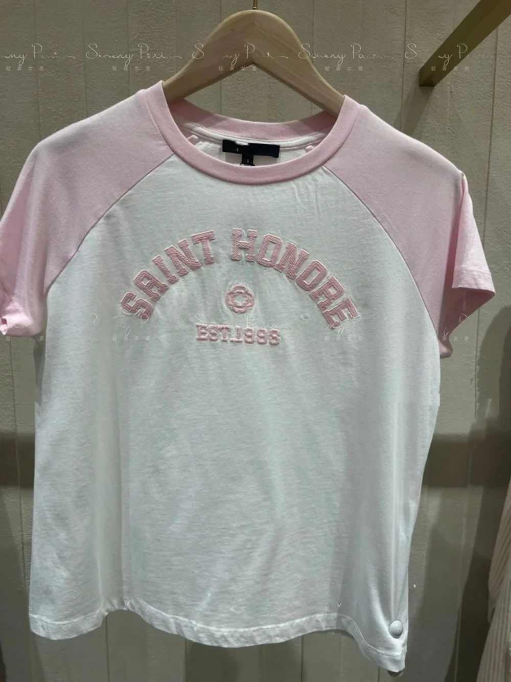 Spring Summer Sweet Fleece Letter Patch Color Block round Neck Short Sleeve T Shirt Women's Top Fashion Casual Comfortable
