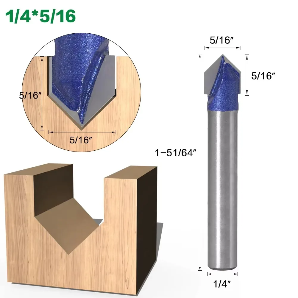 1PC 1/4 "6.35MM tige fraise 90 degrés V rainure Bit 1/4" 5/16 "3/8" 1/2 "solide routeur peu carbure fraise menuiserie