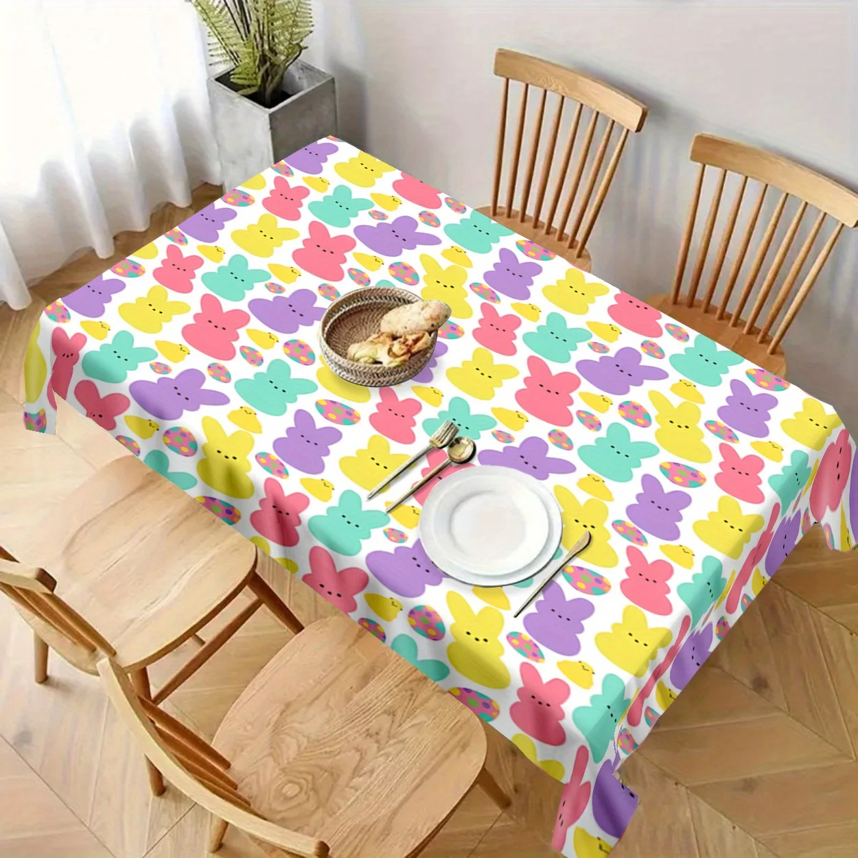 One polyester party tablecloth with colorful cartoon rabbit and number prints