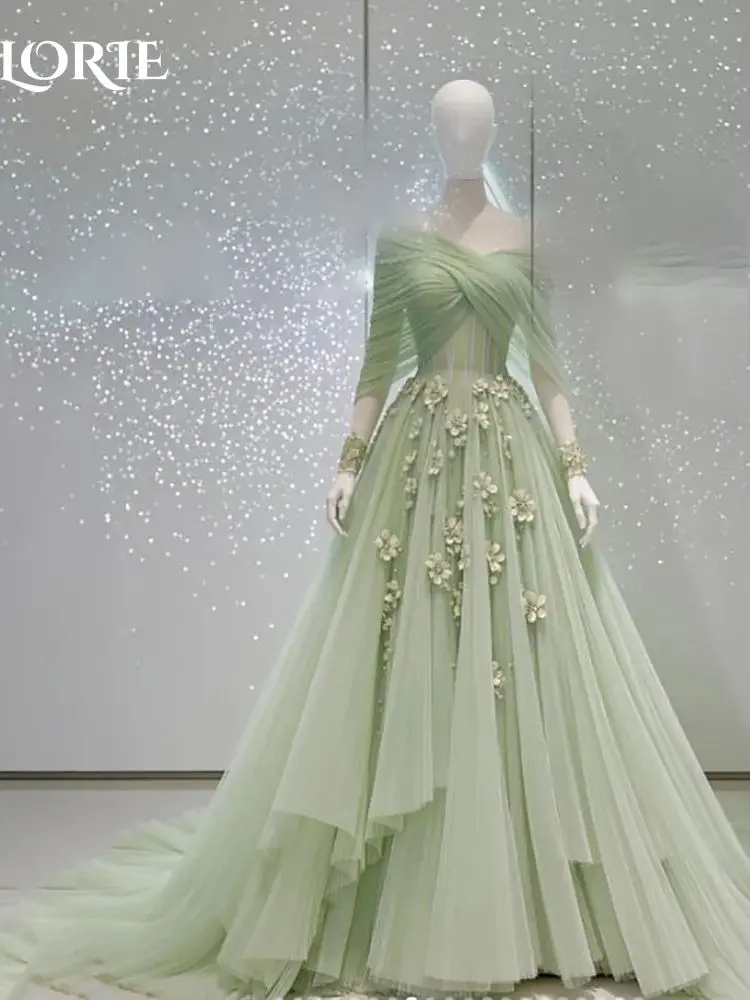 LORIE Frühling Ballkleider Schulterfrei Saudi-Arabien 3D Blume Bodenlanges Abendkleid Falten Arabia Partykleid Maßgeschneidert