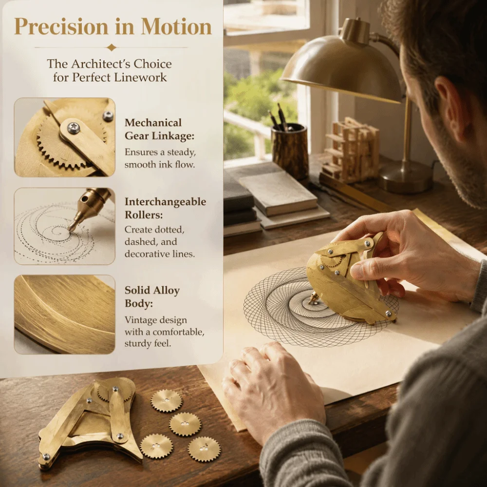 Vintage Precision Ruling Pen Set Interchangeable Wheels Comfortable Handheld Shape Drawing Tool Solid Alloy Material