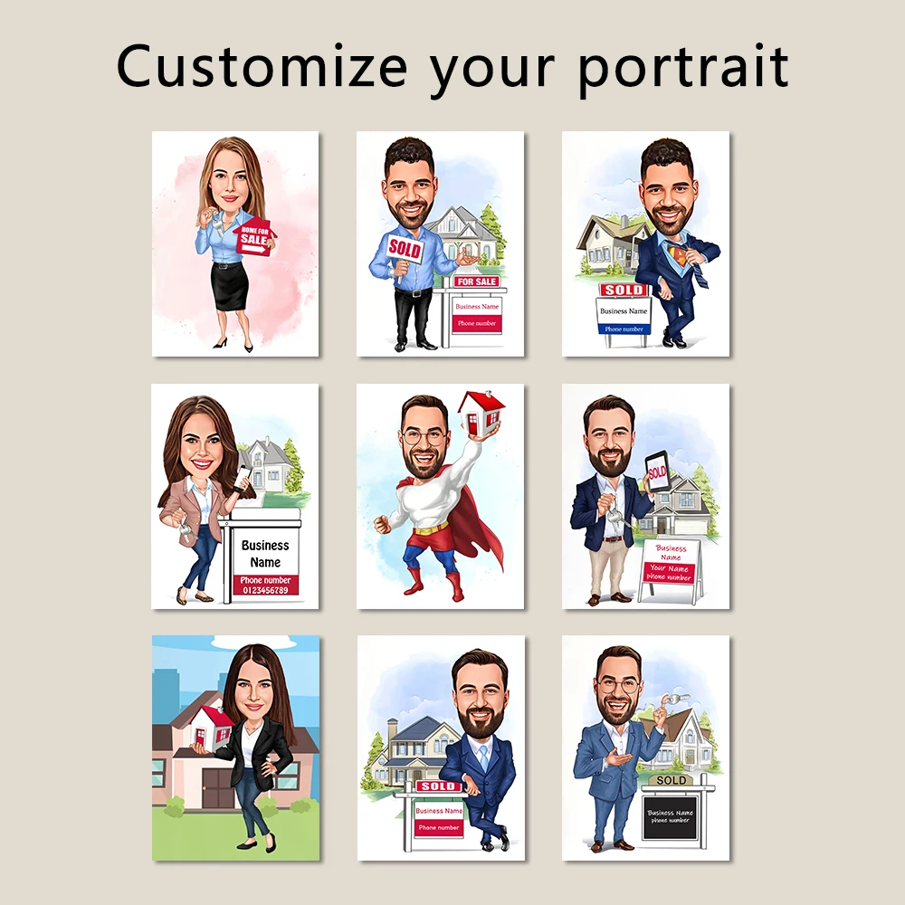 Custom Realtor Cartoon Portrait, Personalized Real Estate Agent Art Canvas Poster, Funny Picture Print, Home Office Wall Decor