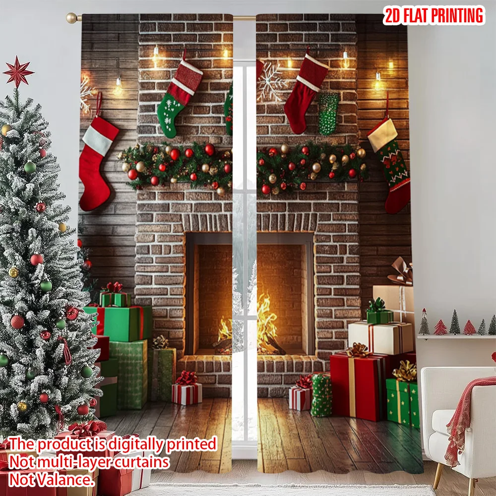 

2pcs 2D flat printing Merry Christmas Window Curtains Vintage Christmas fireplace Durable 100% Polyester Fabric Without