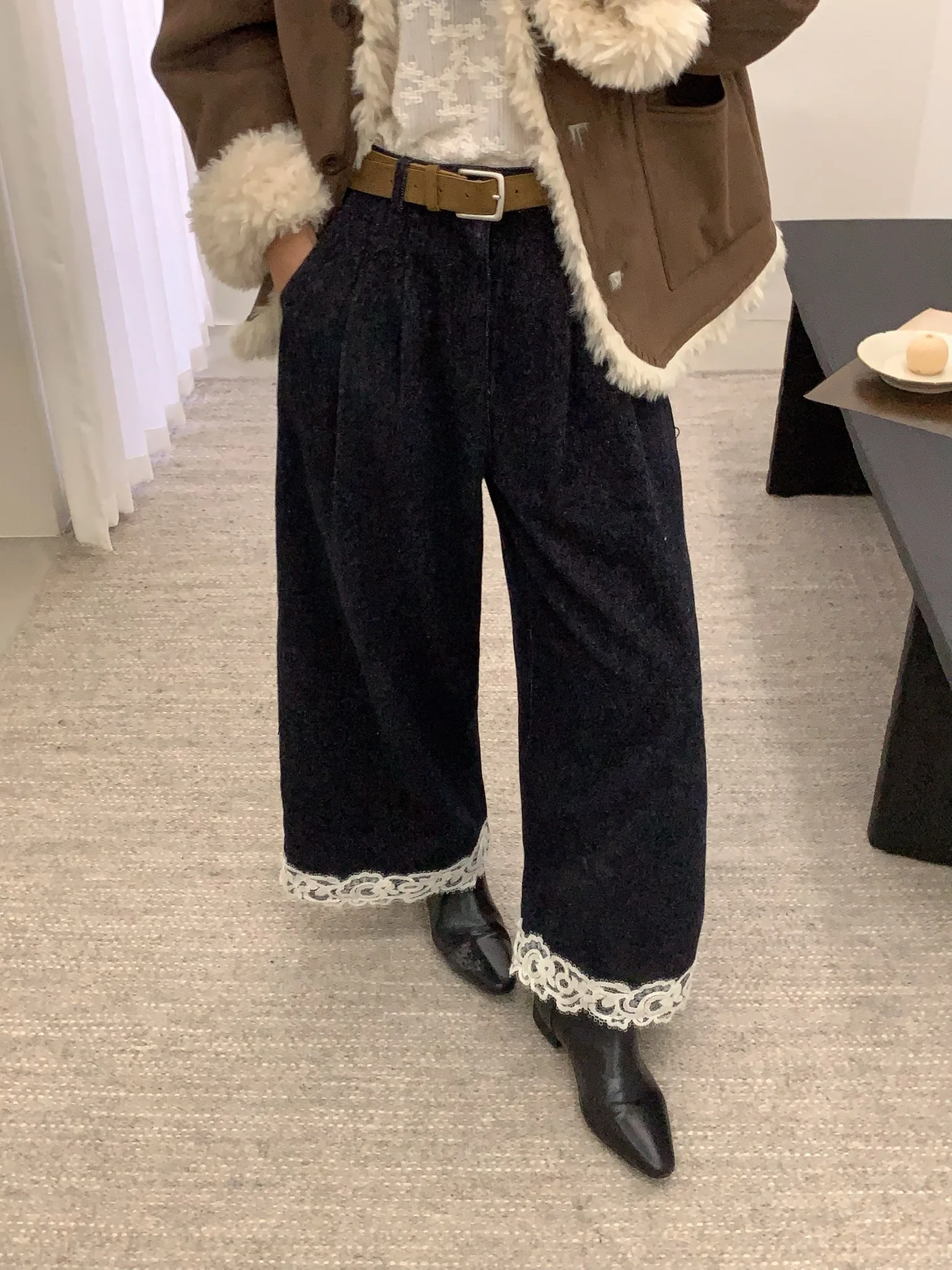 

Ретро-джинсы с кружевной отделкой, свободные прямые брюки, повседневные брюки с высокой талией на пуговицах, для ежедневной носки, женская мода